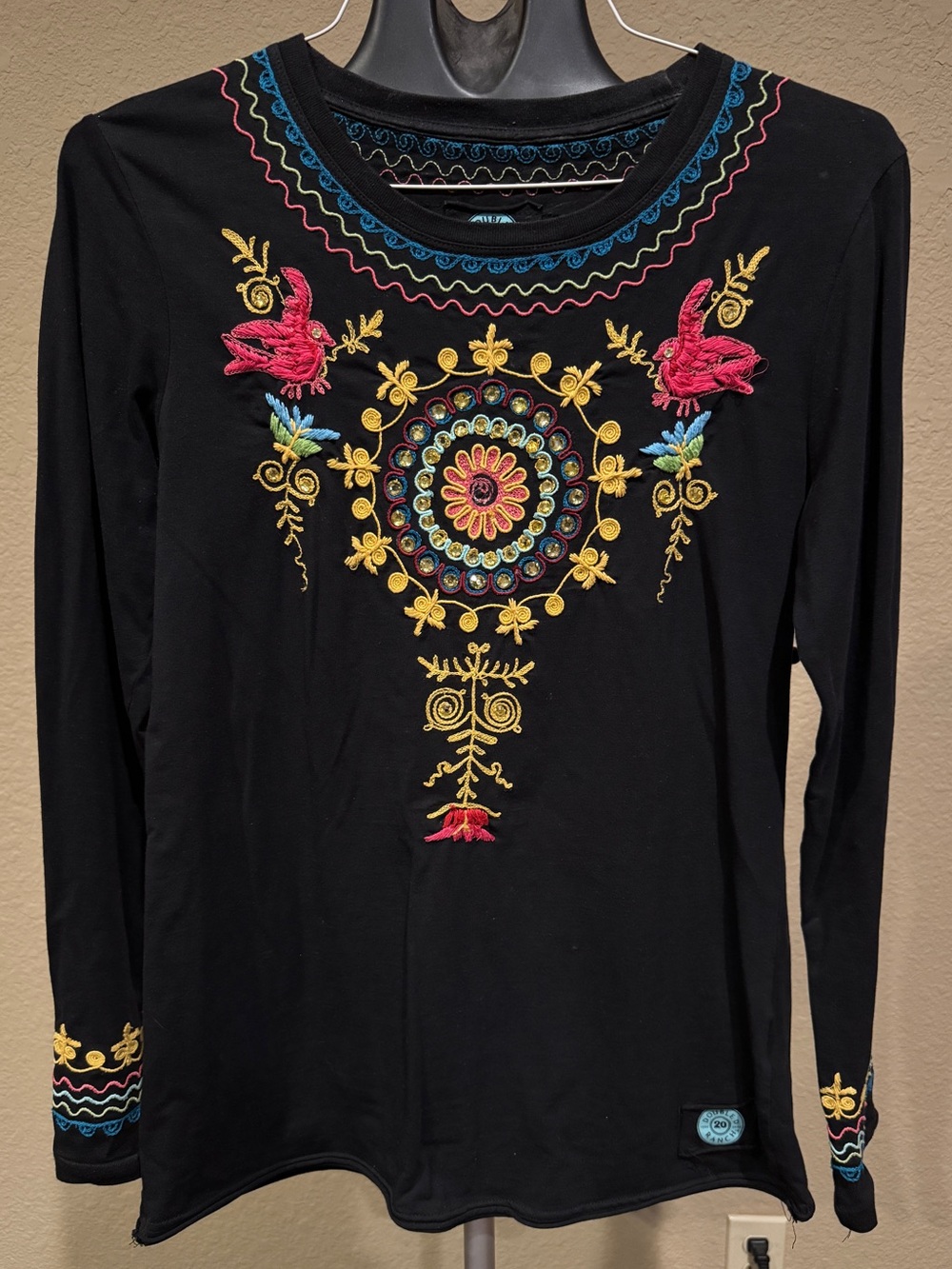 Double D Ranch Black Long-Sleeve Top with Multicolor Embroidered Medallion